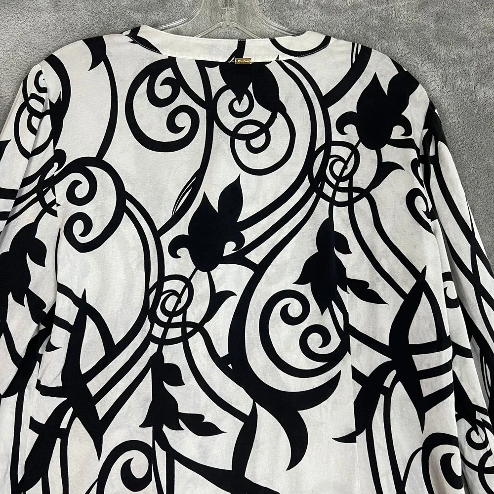 St John Blouse Womens 8 Black White Abstract Pleated Long Sleeve Career